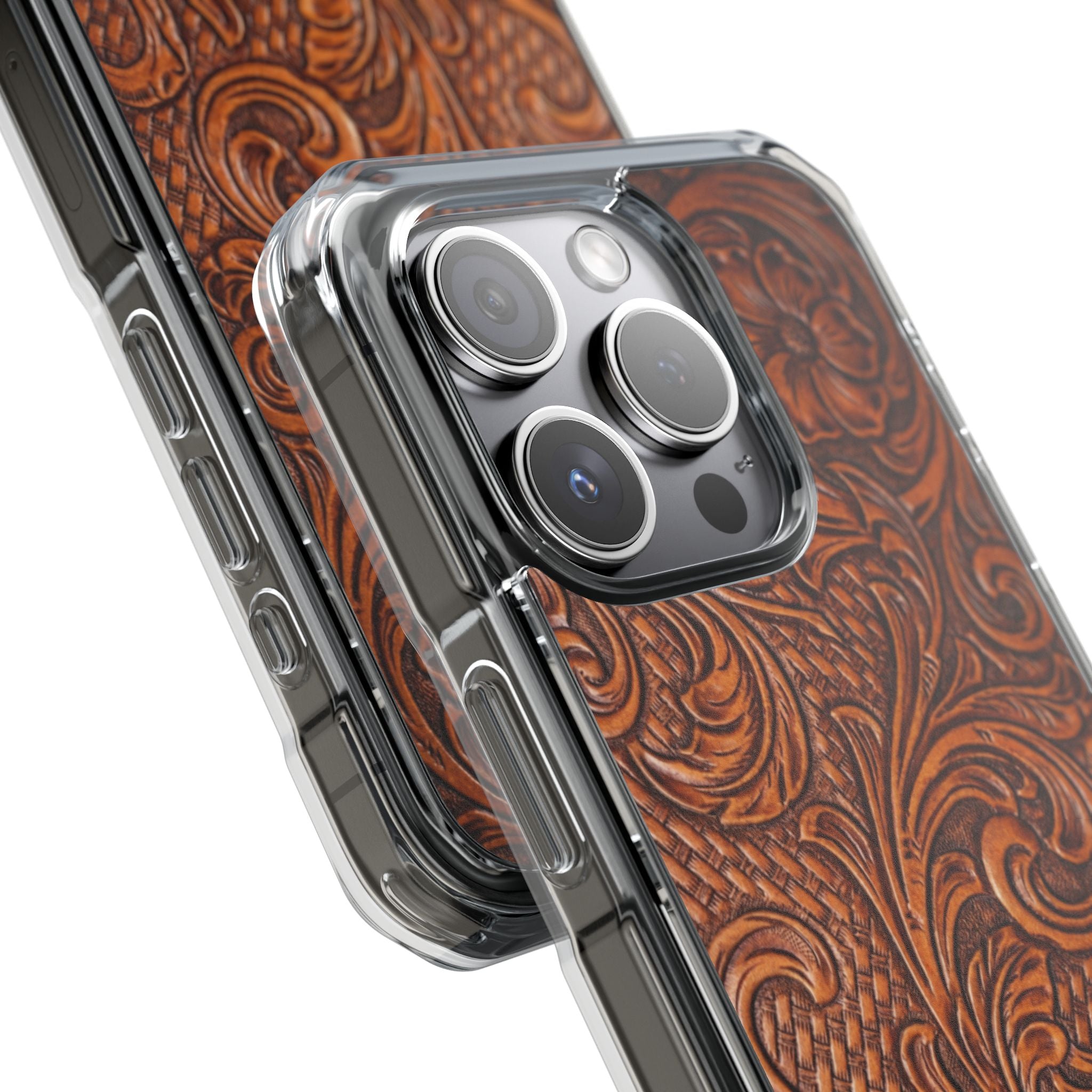 Vintage Tooled Leather Inspired Phone Case | Magnetic Clear Impact Case