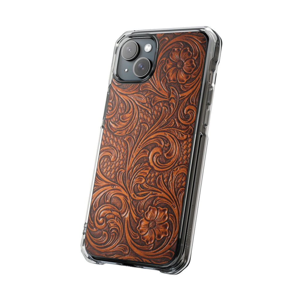 Vintage Tooled Leather Inspired Phone Case | Magnetic Clear Impact Case