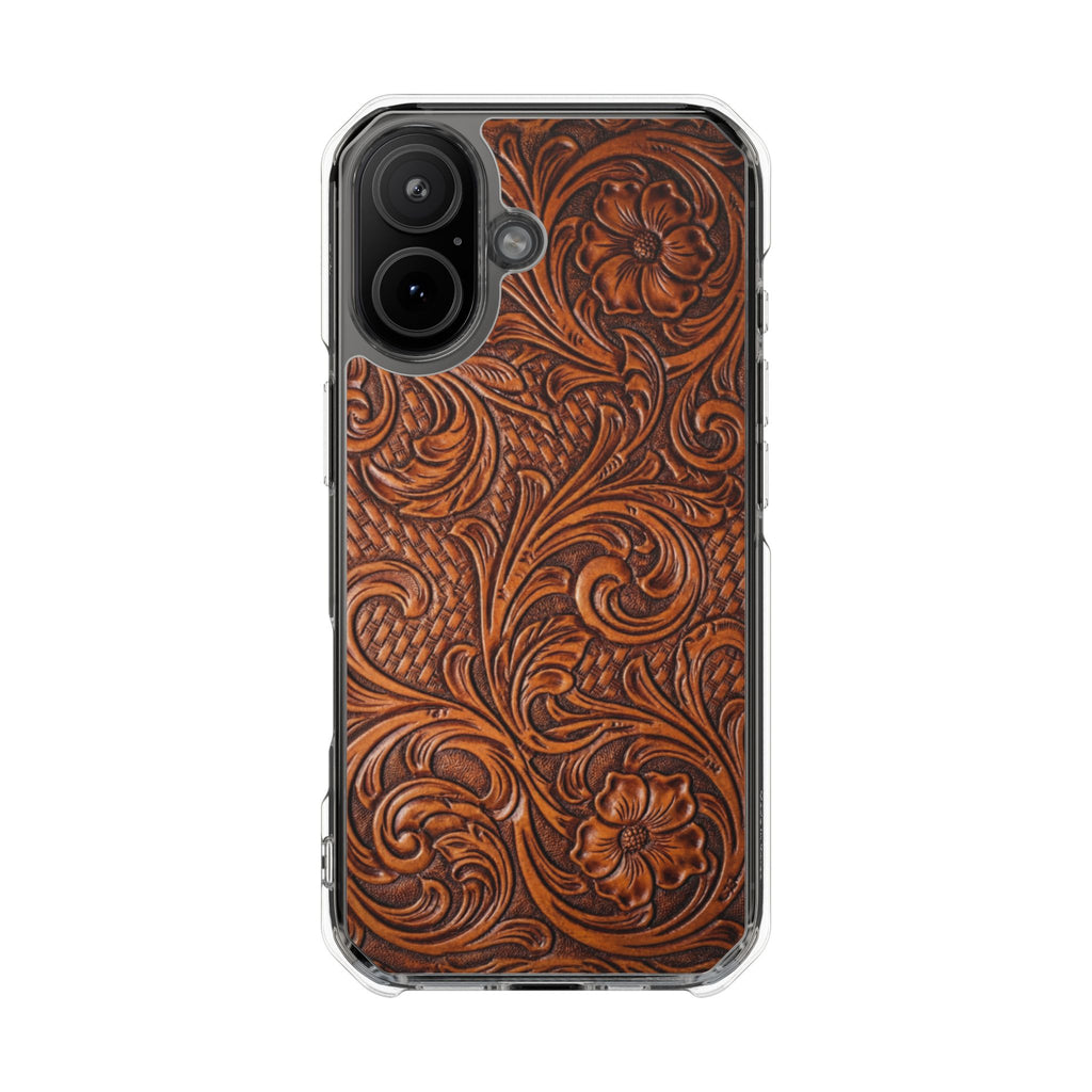 Vintage Tooled Leather Inspired Phone Case | Magnetic Clear Impact Case