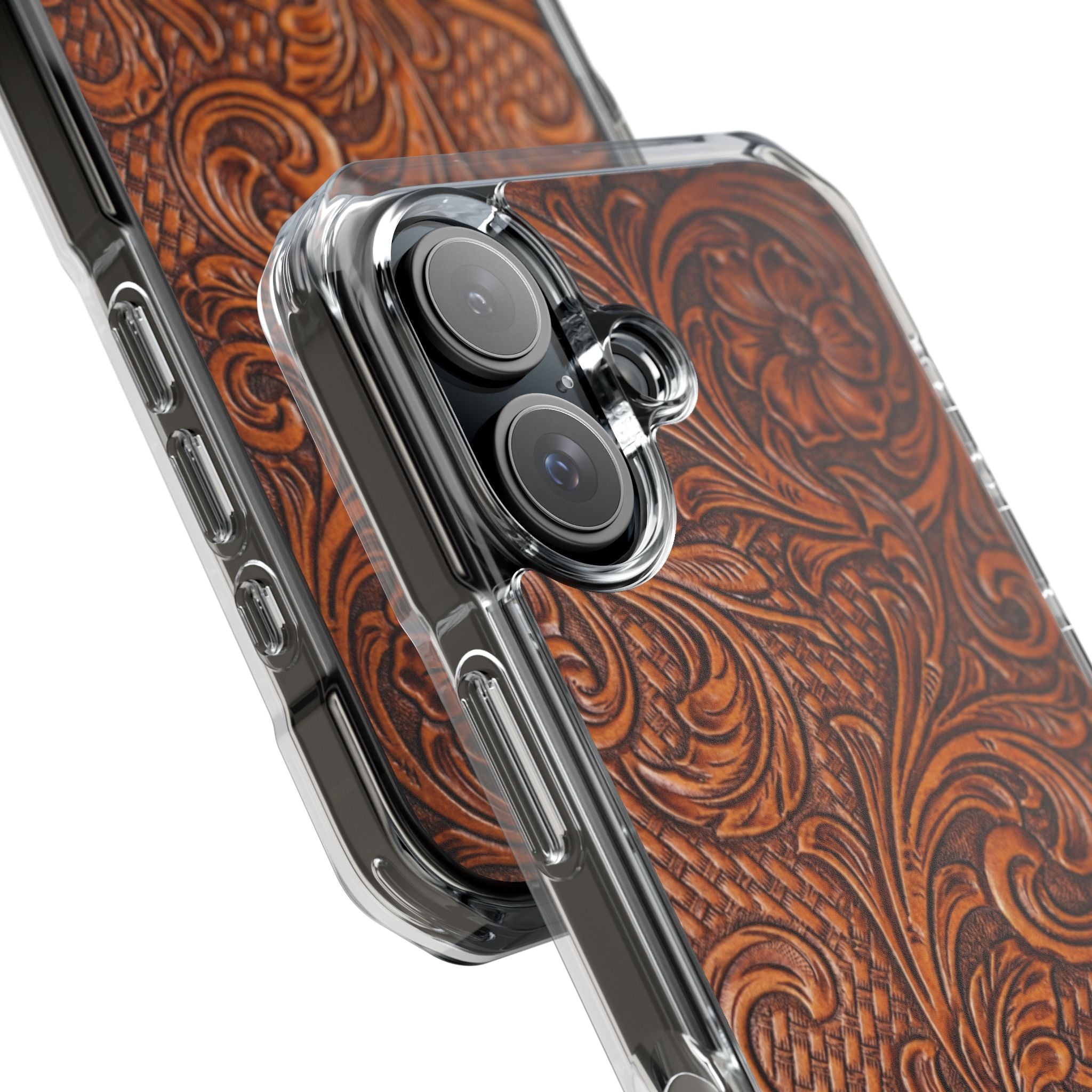 Vintage Tooled Leather Inspired Phone Case | Magnetic Clear Impact Case