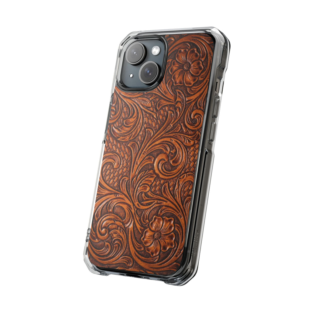 Vintage Tooled Leather Inspired Phone Case | Magnetic Clear Impact Case