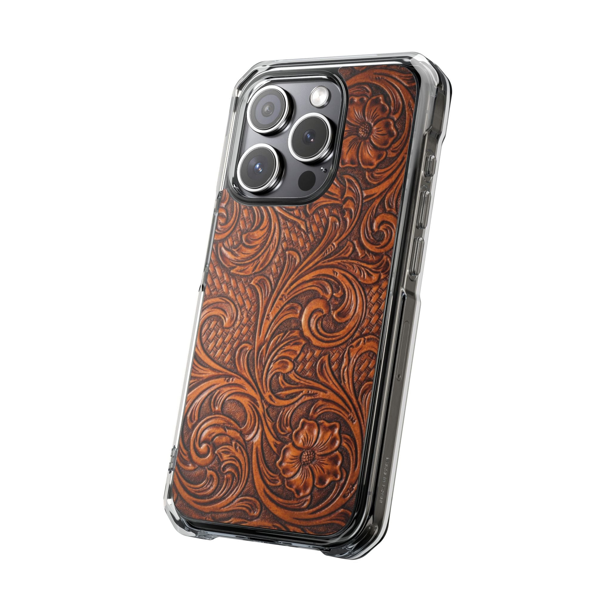Vintage Tooled Leather Inspired Phone Case | Magnetic Clear Impact Case