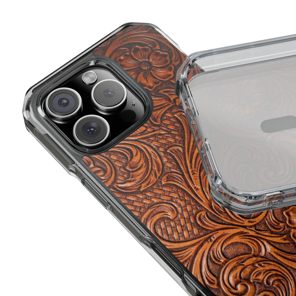 Vintage Tooled Leather Inspired Phone Case | Magnetic Clear Impact Case