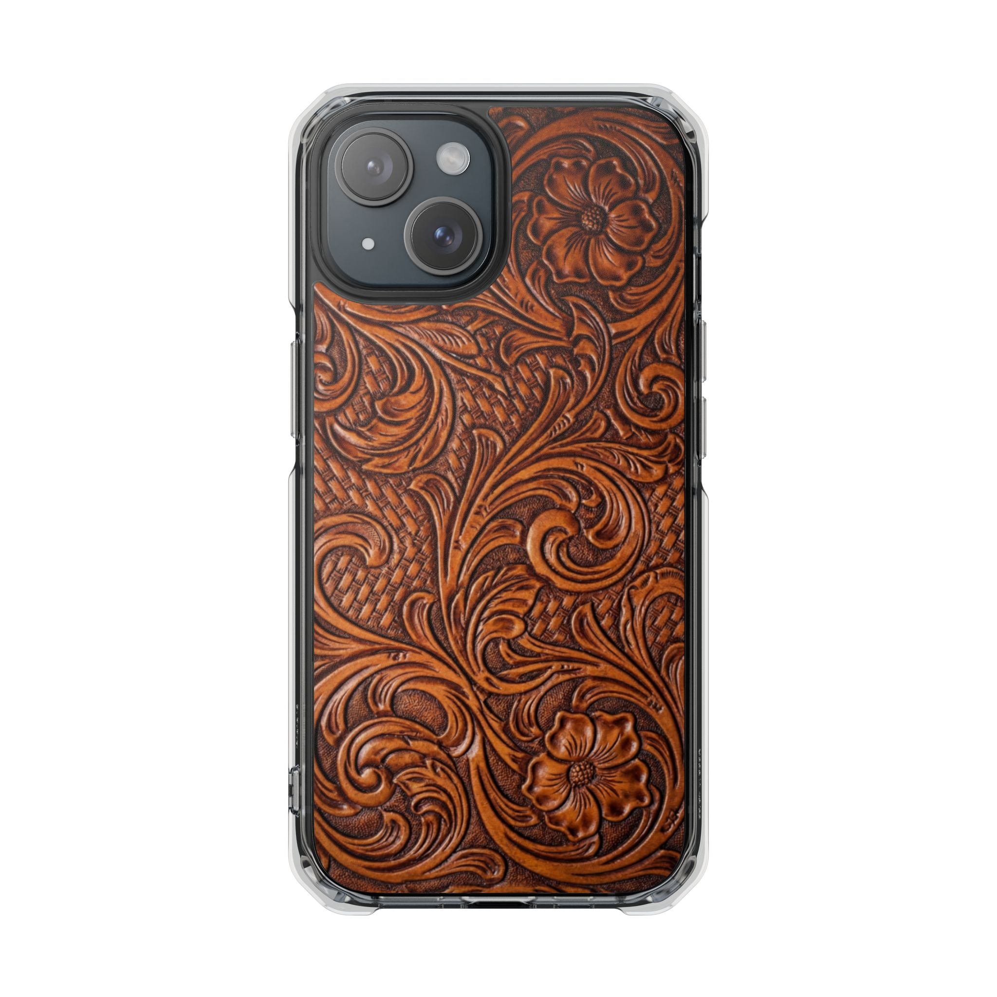 Vintage Tooled Leather Inspired Phone Case | Magnetic Clear Impact Case