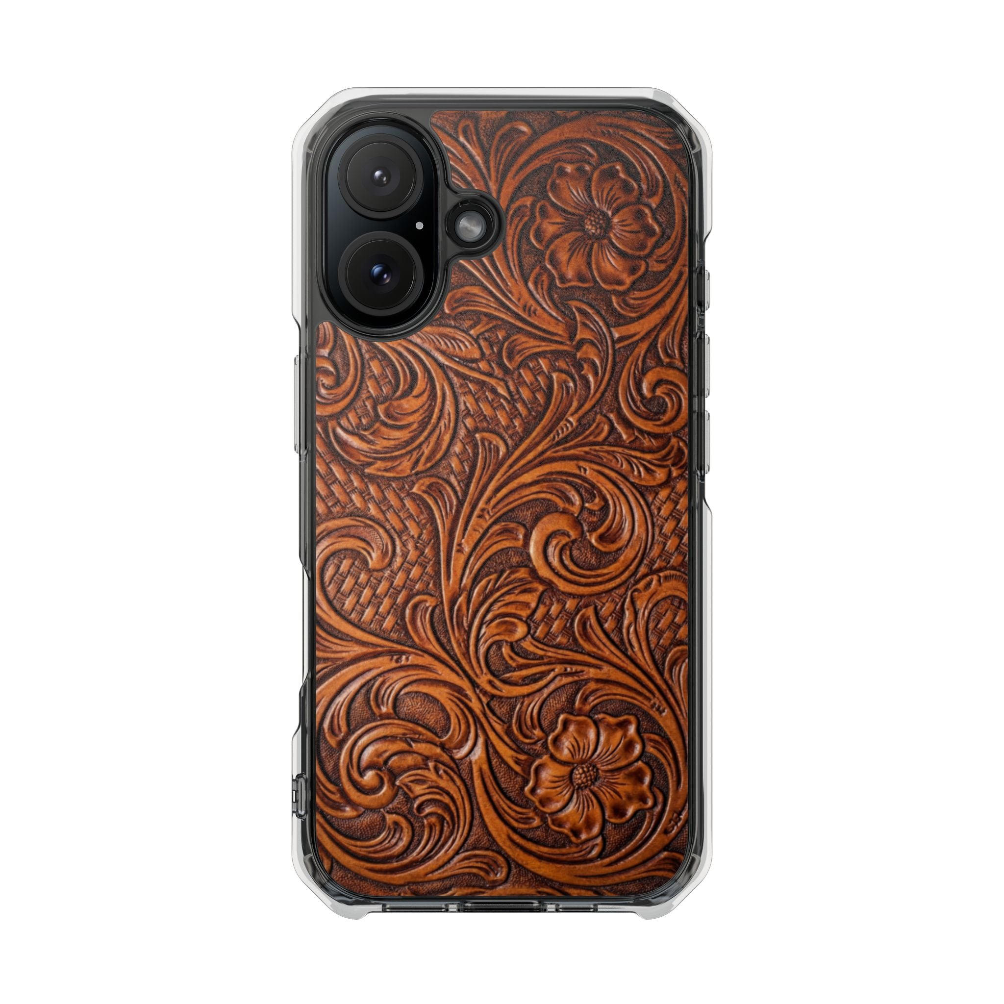 Vintage Tooled Leather Inspired Phone Case | Magnetic Clear Impact Case