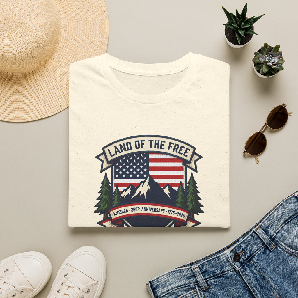 Land of the Free T-Shirt | America 250th Anniversary Patriotic Tee | USA Flag Mountain Graphic Shirt | 1776-2026 4th of July Gift