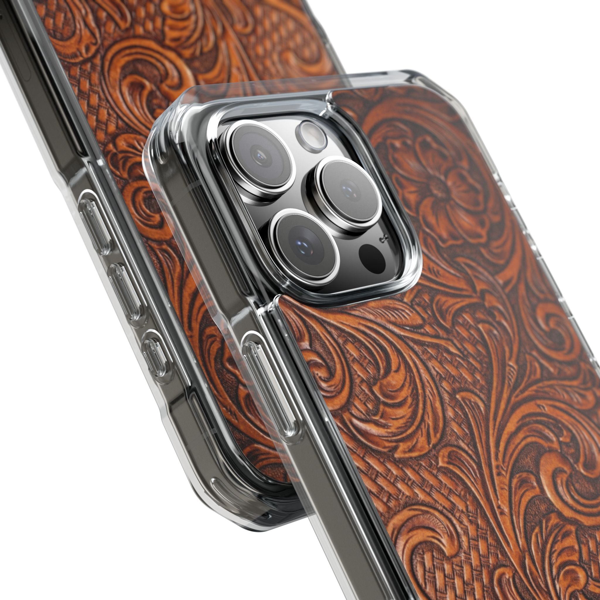 Vintage Tooled Leather Inspired Phone Case | Magnetic Clear Impact Case