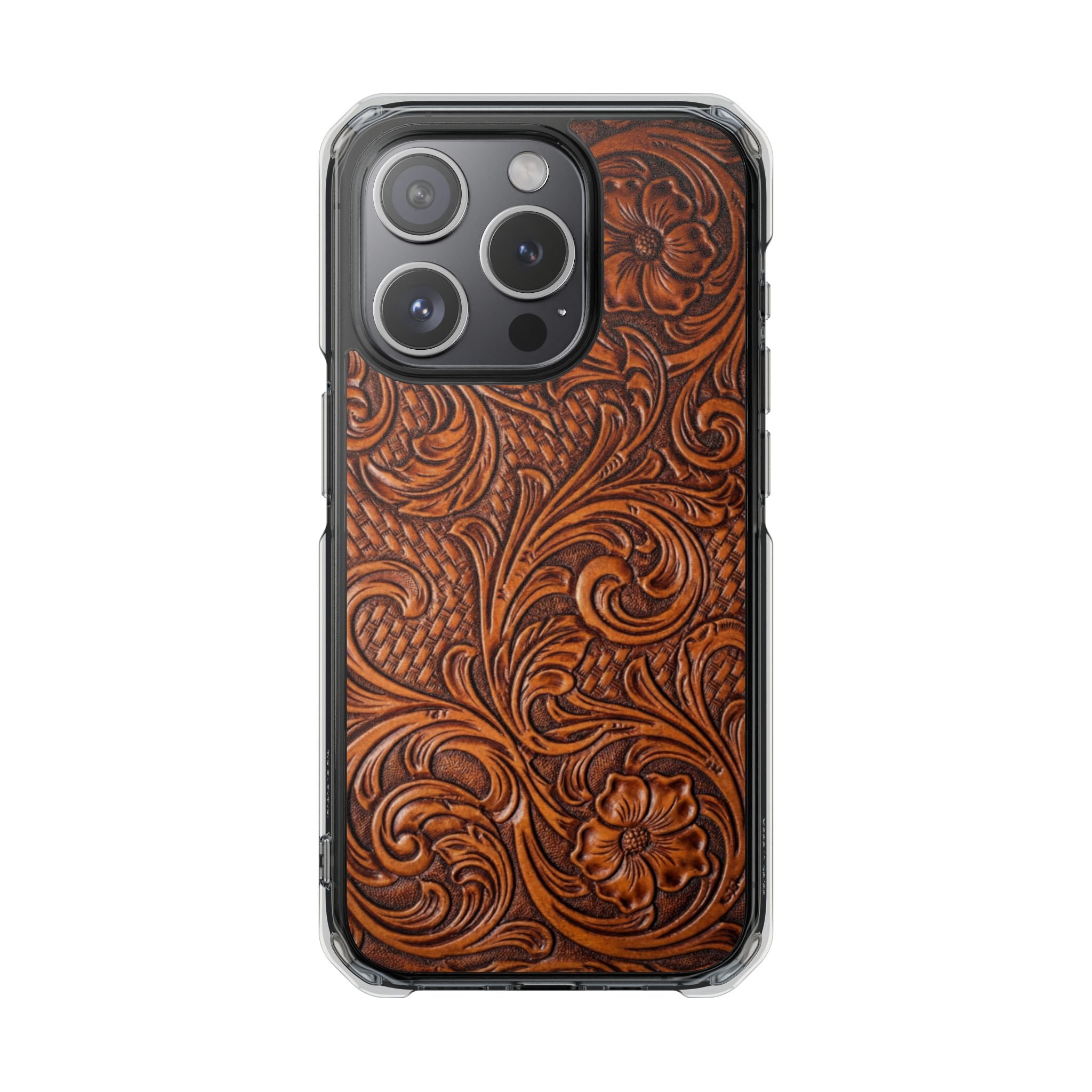 Vintage Tooled Leather Inspired Phone Case | Magnetic Clear Impact Case