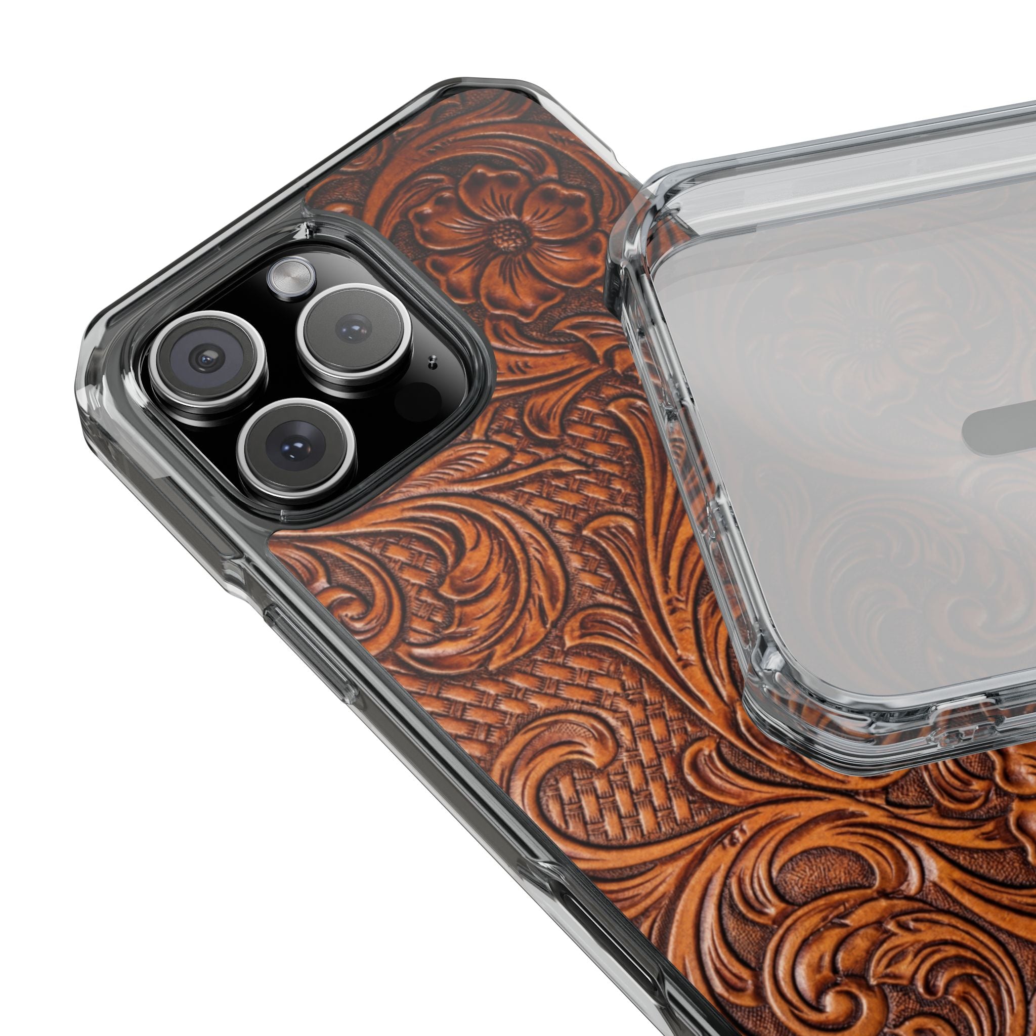 Vintage Tooled Leather Inspired Phone Case | Magnetic Clear Impact Case