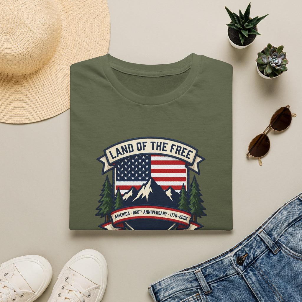 Land of the Free T-Shirt | America 250th Anniversary Patriotic Tee | USA Flag Mountain Graphic Shirt | 1776-2026 4th of July Gift