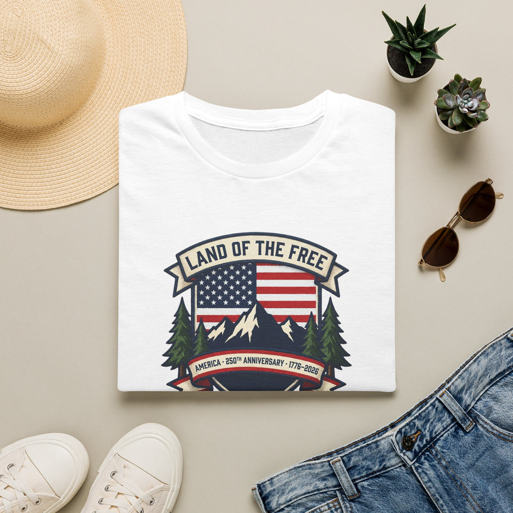 Land of the Free T-Shirt | America 250th Anniversary Patriotic Tee | USA Flag Mountain Graphic Shirt | 1776-2026 4th of July Gift