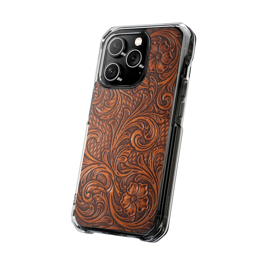 Vintage Tooled Leather Inspired Phone Case | Magnetic Clear Impact Case