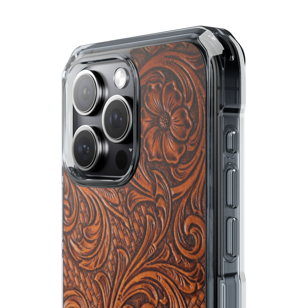 Vintage Tooled Leather Inspired Phone Case | Magnetic Clear Impact Case