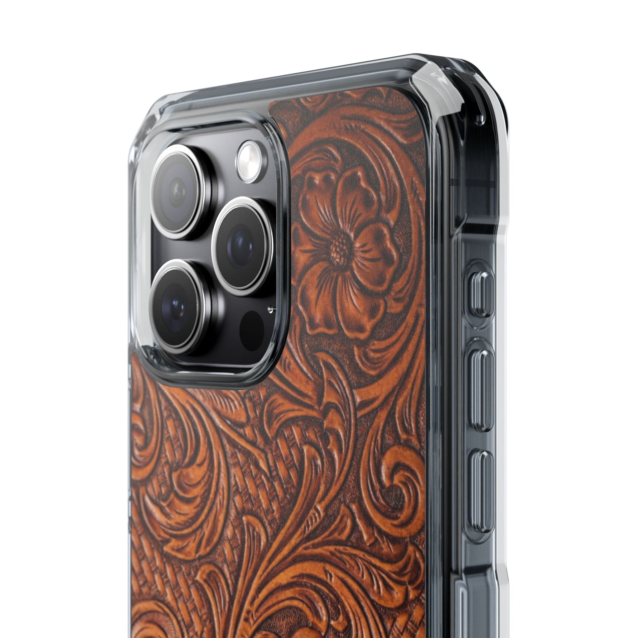 Vintage Tooled Leather Inspired Phone Case | Magnetic Clear Impact Case
