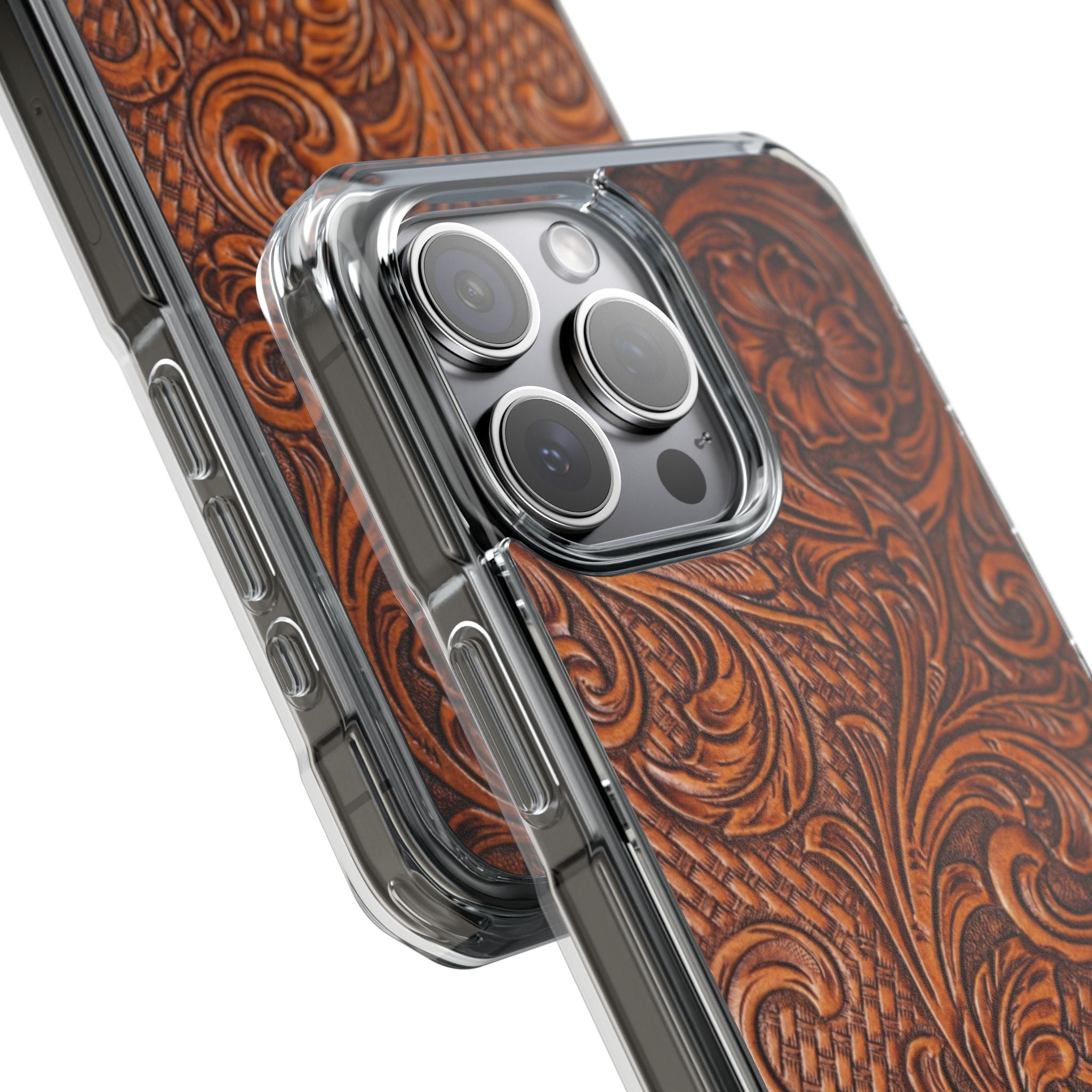 Vintage Tooled Leather Inspired Phone Case | Magnetic Clear Impact Case