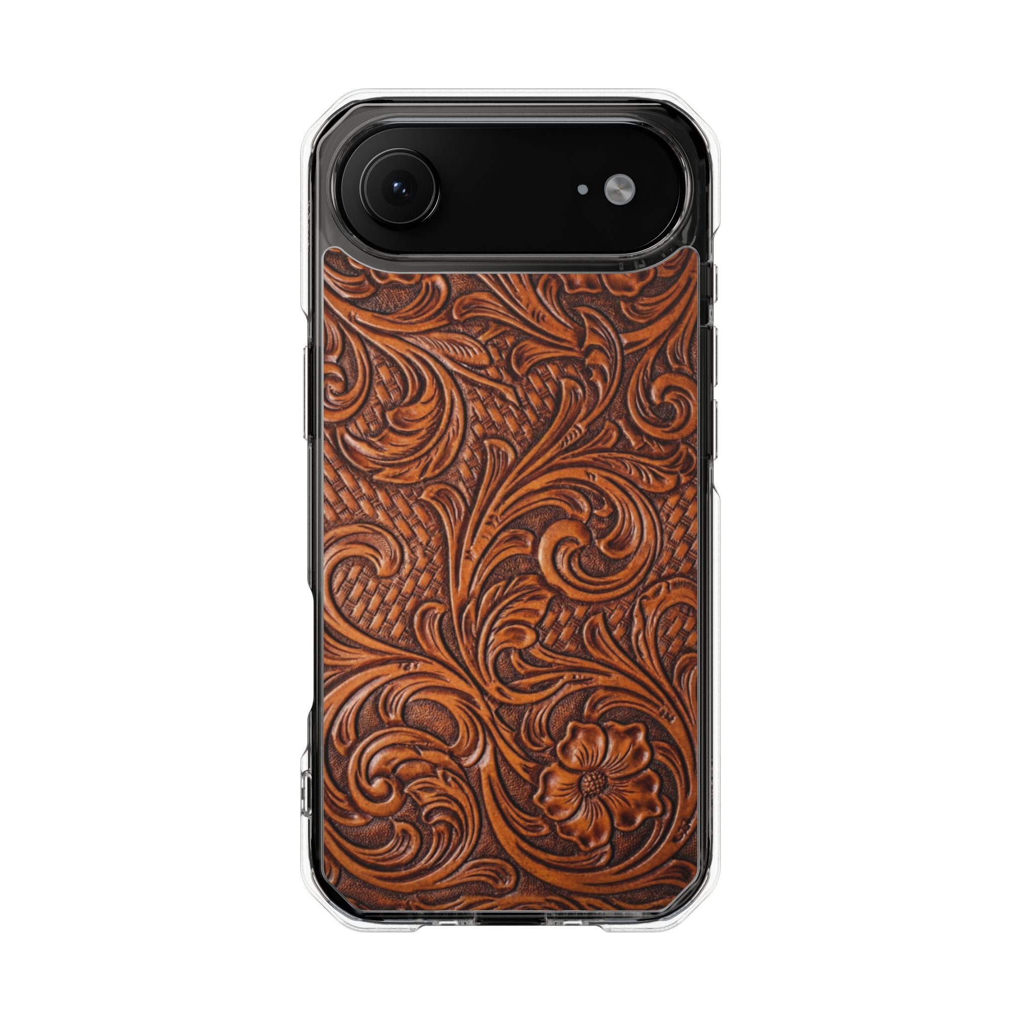 Vintage Tooled Leather Inspired Phone Case | Magnetic Clear Impact Case