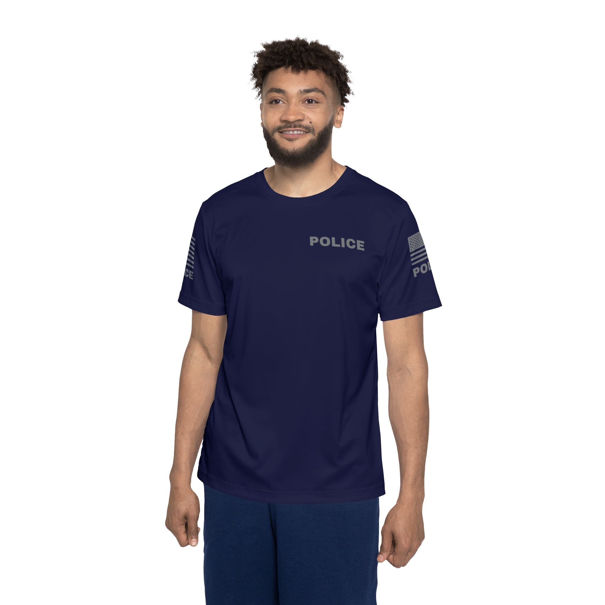 Off Duty Police Shirt — Navy Tactical Tee with American Flag Sleeves