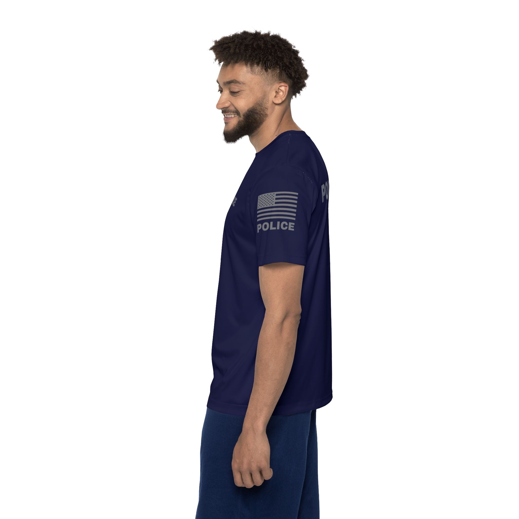 Off Duty Police Shirt — Navy Tactical Tee with American Flag Sleeves