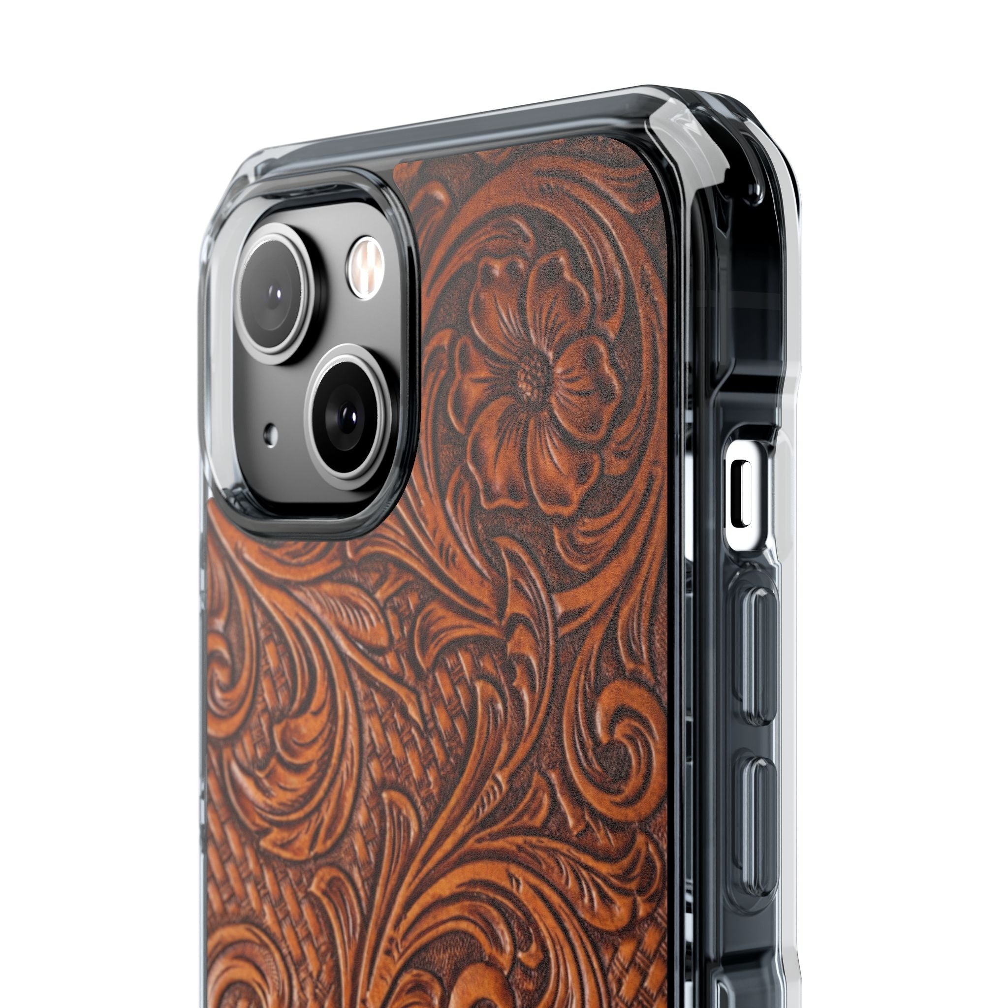 Vintage Tooled Leather Inspired Phone Case | Magnetic Clear Impact Case