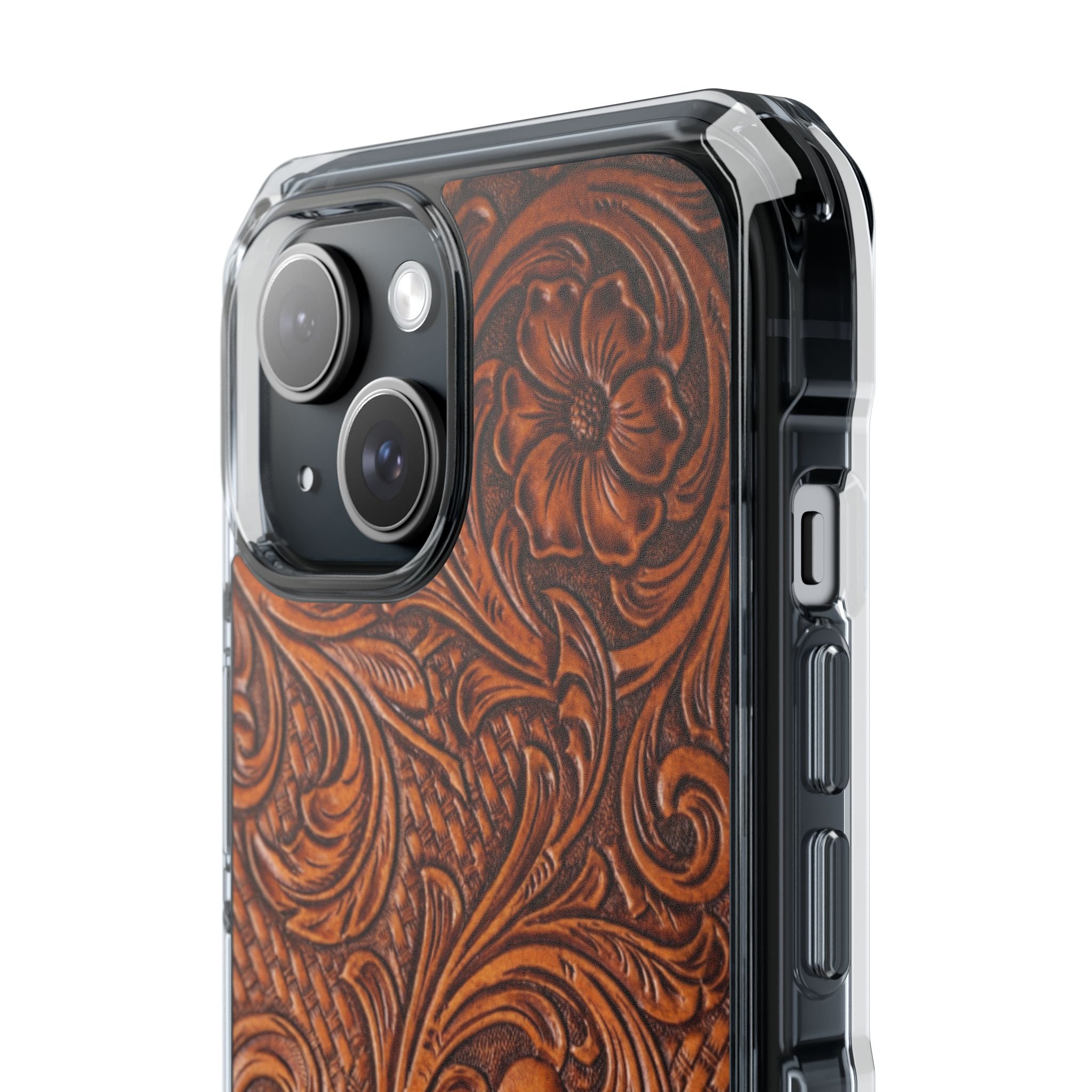 Vintage Tooled Leather Inspired Phone Case | Magnetic Clear Impact Case