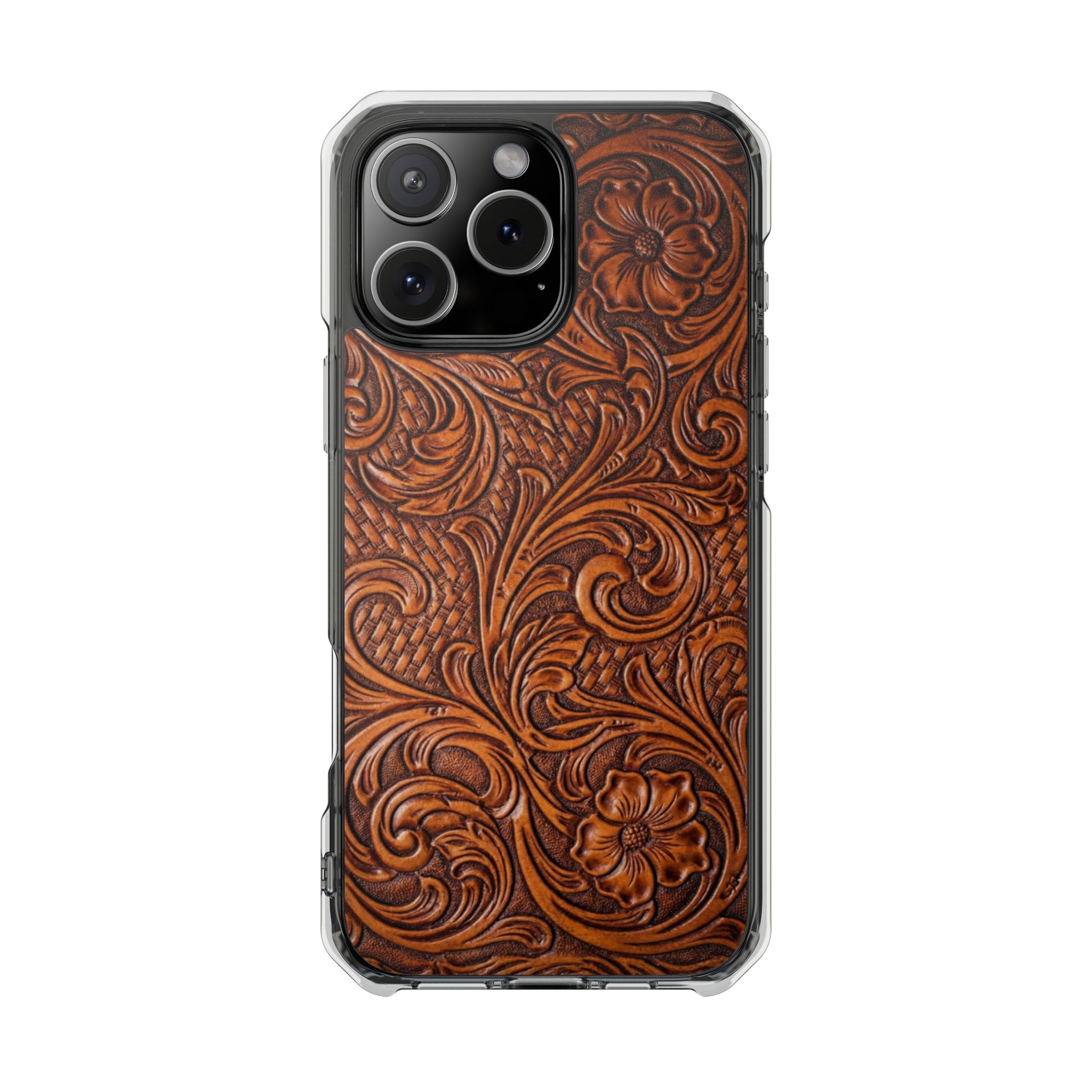 Vintage Tooled Leather Inspired Phone Case | Magnetic Clear Impact Case