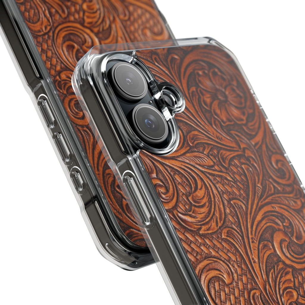 Vintage Tooled Leather Inspired Phone Case | Magnetic Clear Impact Case