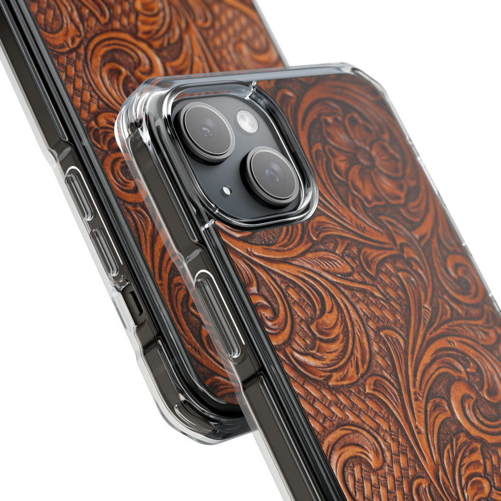 Vintage Tooled Leather Inspired Phone Case | Magnetic Clear Impact Case