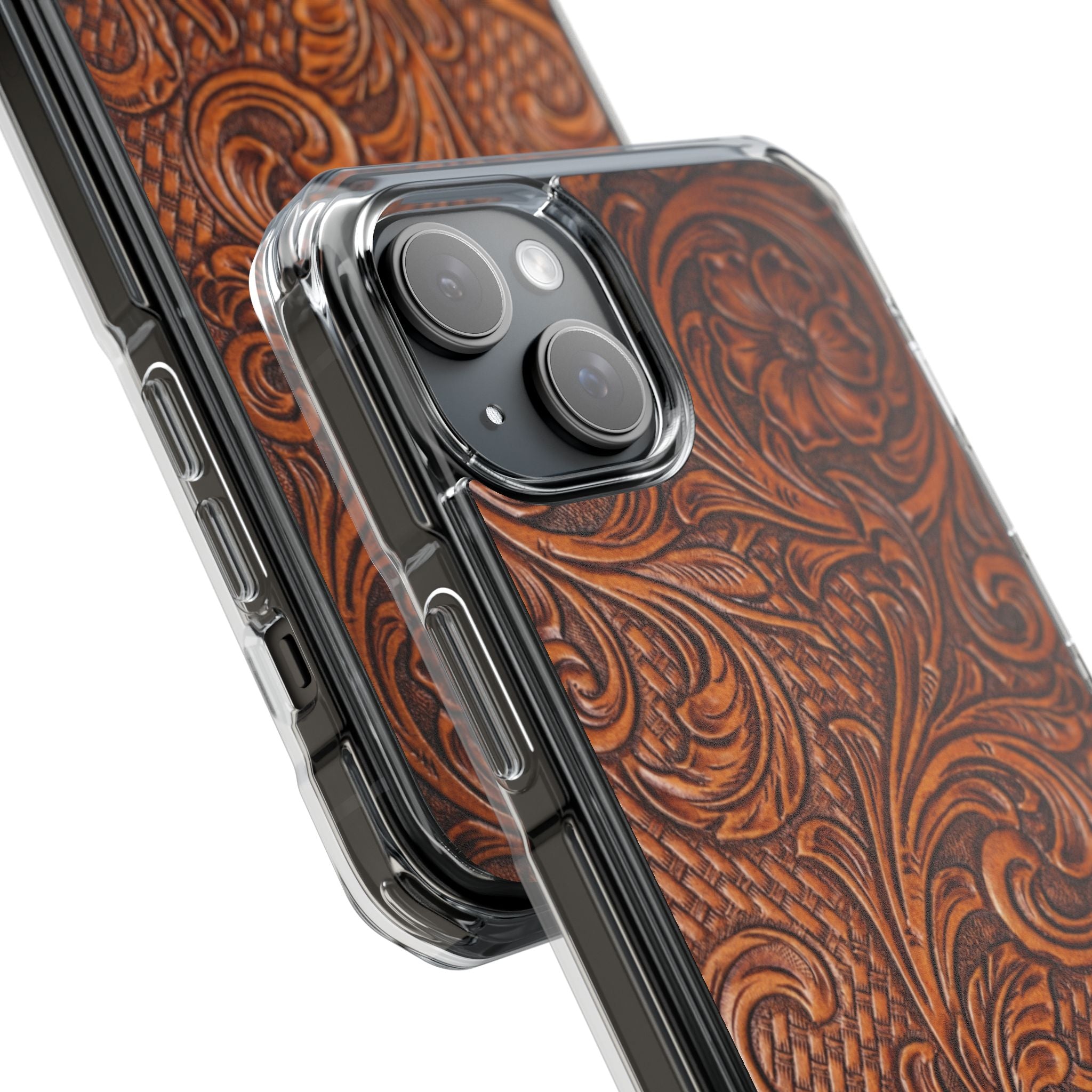 Vintage Tooled Leather Inspired Phone Case | Magnetic Clear Impact Case