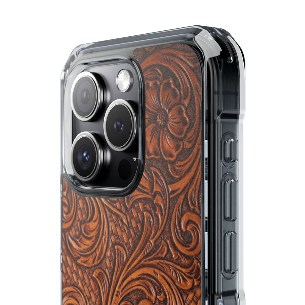 Vintage Tooled Leather Inspired Phone Case | Magnetic Clear Impact Case