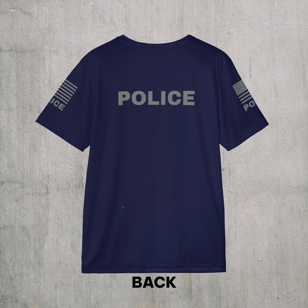 Off Duty Police Shirt — Navy Tactical Tee with American Flag Sleeves