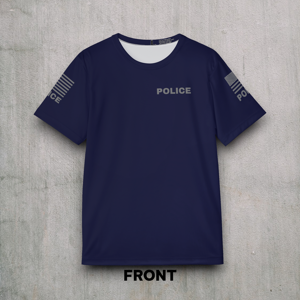 Off Duty Police Shirt — Navy Tactical Tee with American Flag Sleeves