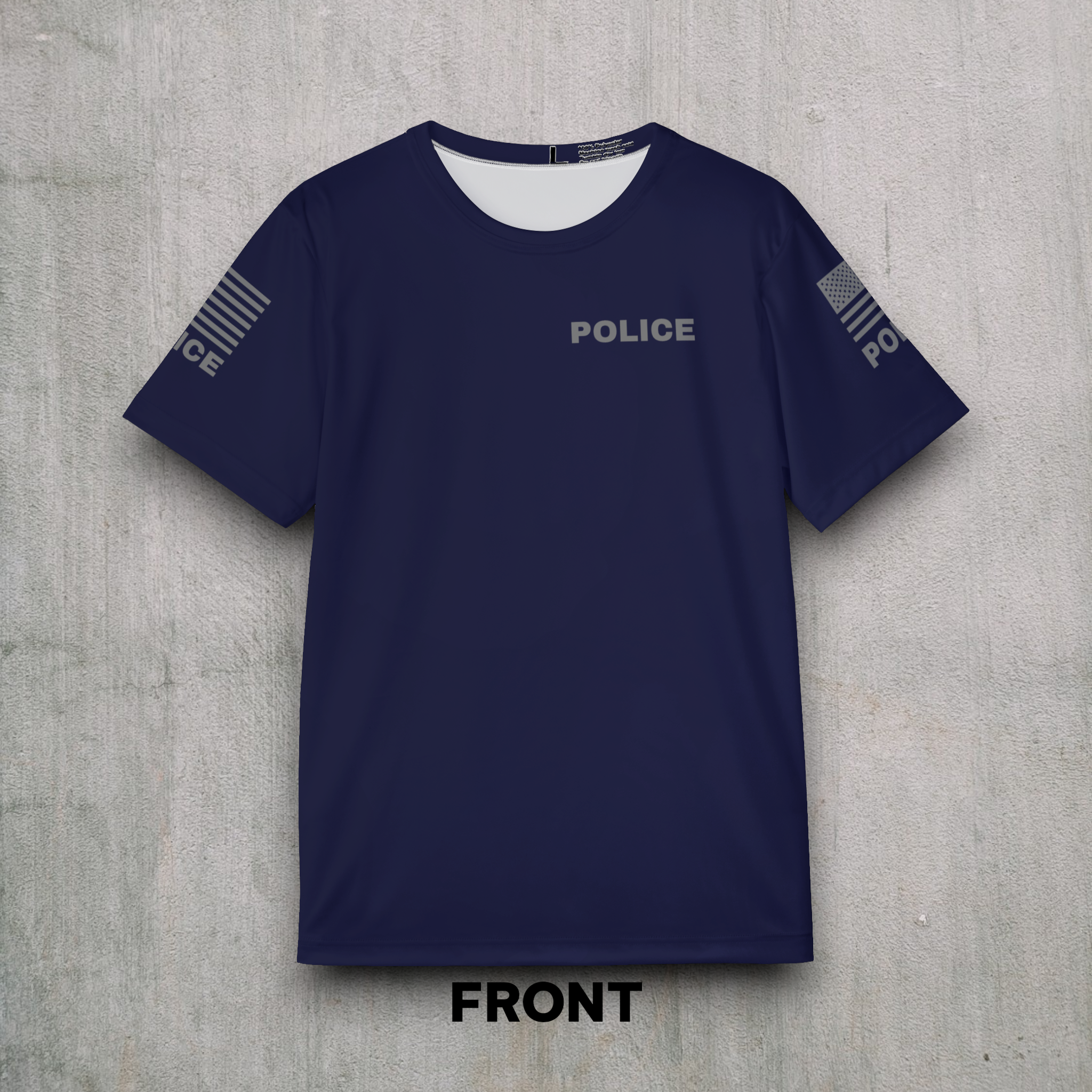 Off Duty Police Shirt — Navy Tactical Tee with American Flag Sleeves