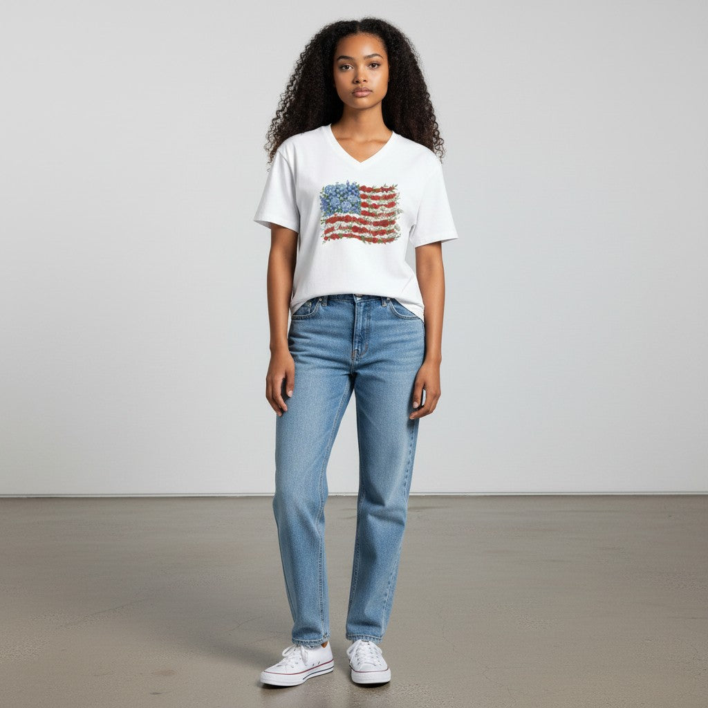 Patriotic Floral Flag V-Neck Tee