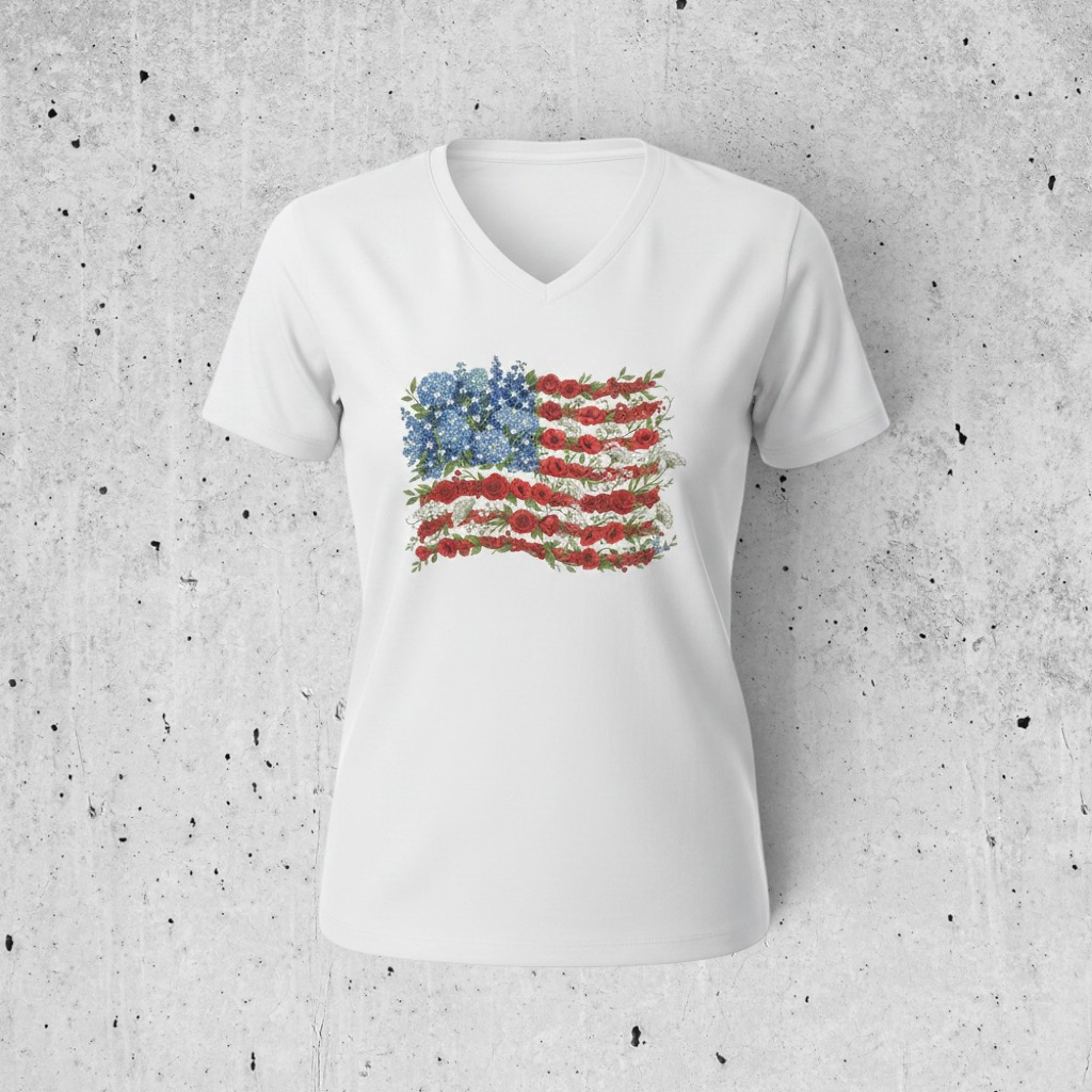 Patriotic Floral Flag V-Neck Tee