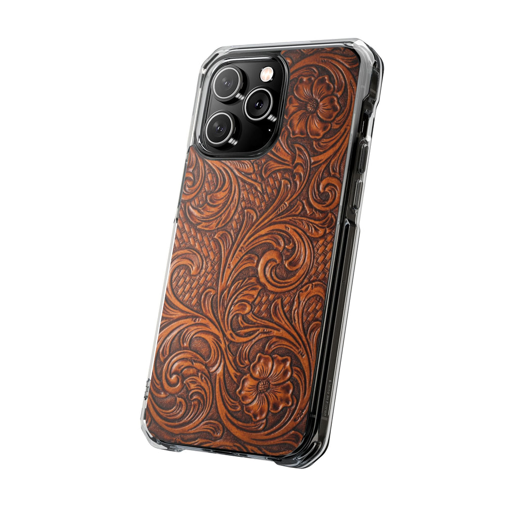 Vintage Tooled Leather Inspired Phone Case | Magnetic Clear Impact Case