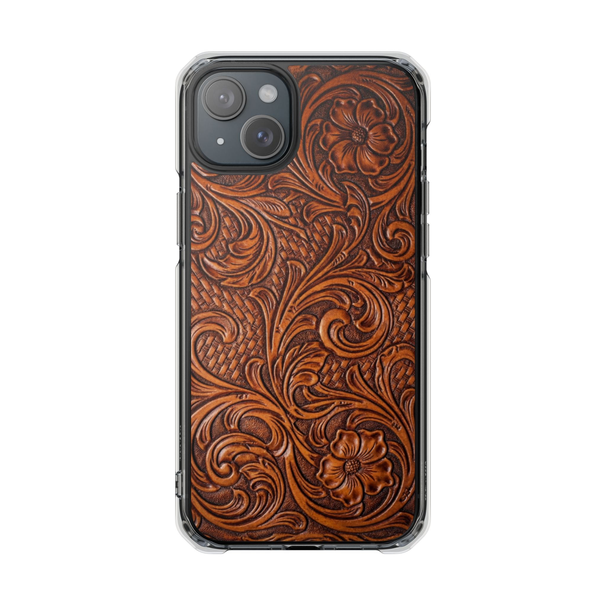 Vintage Tooled Leather Inspired Phone Case | Magnetic Clear Impact Case