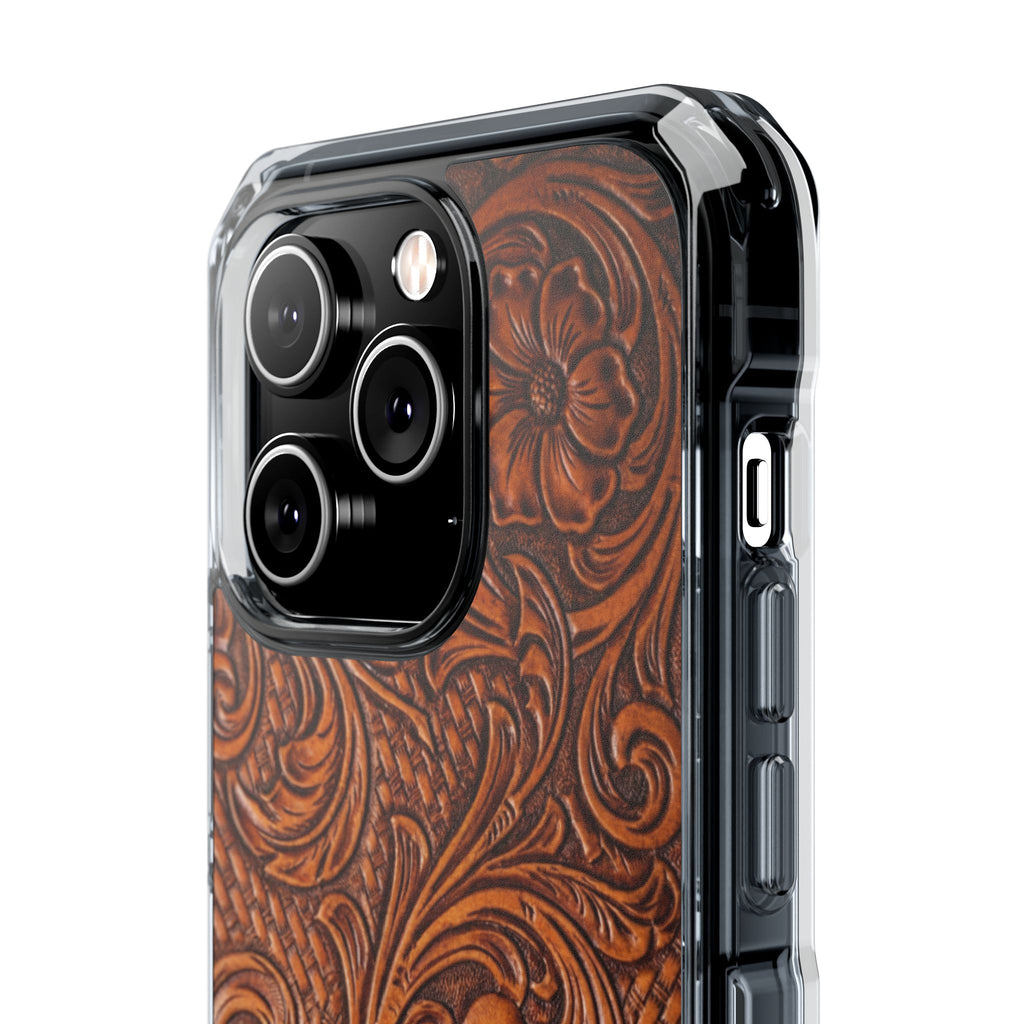 Vintage Tooled Leather Inspired Phone Case | Magnetic Clear Impact Case