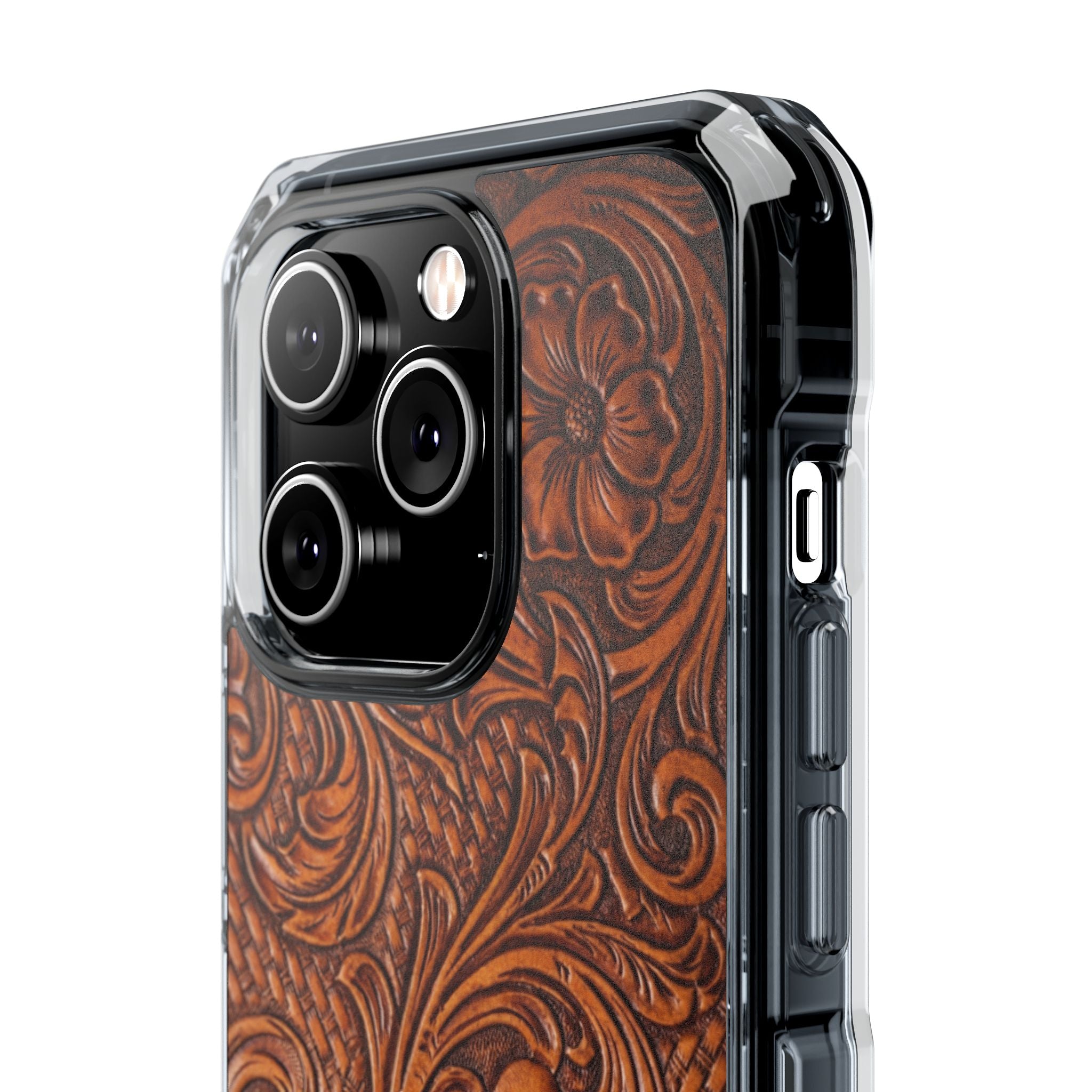 Vintage Tooled Leather Inspired Phone Case | Magnetic Clear Impact Case
