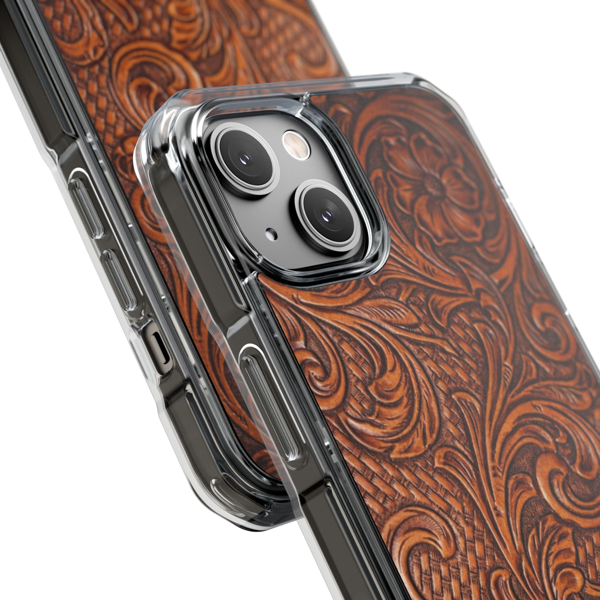 Vintage Tooled Leather Inspired Phone Case | Magnetic Clear Impact Case