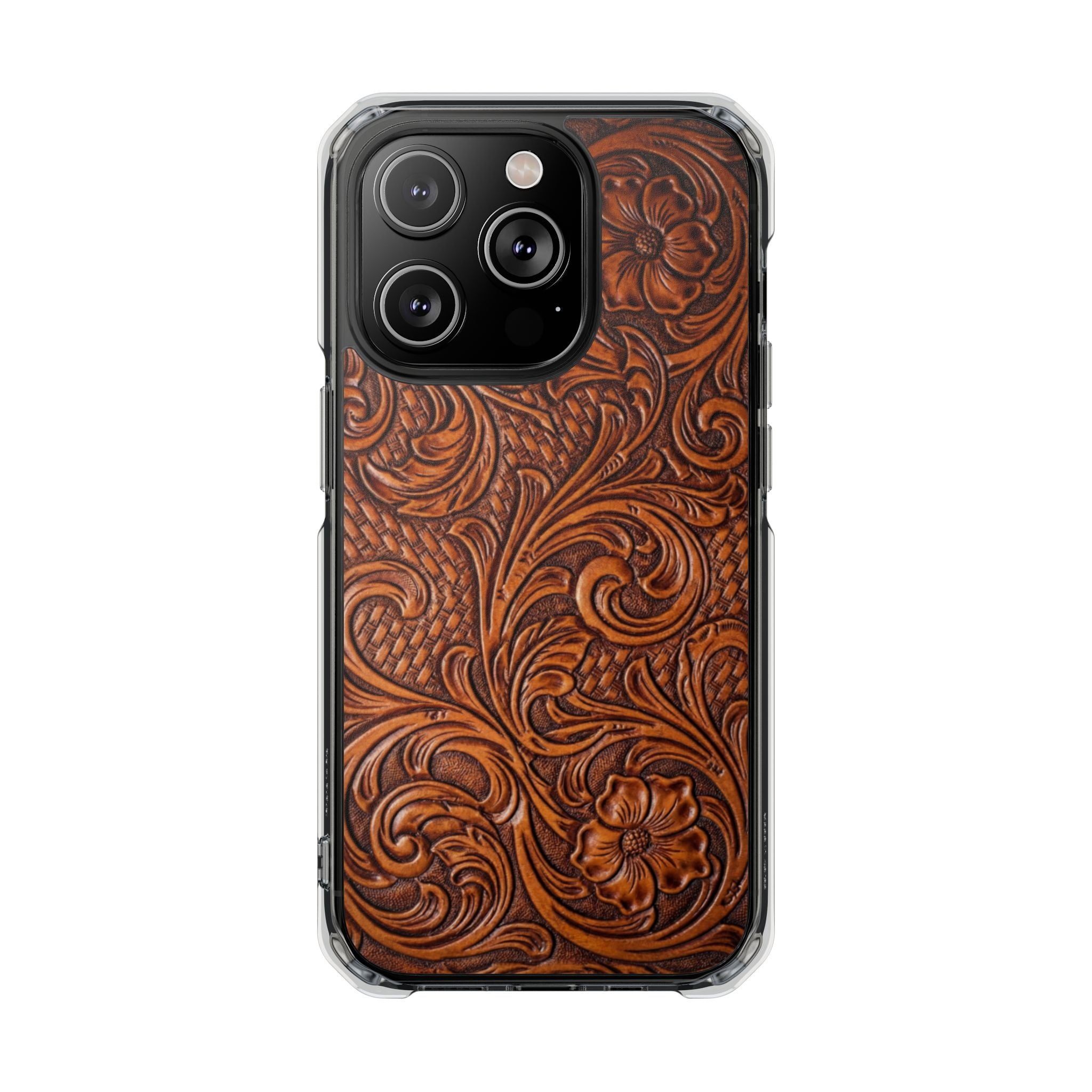 Vintage Tooled Leather Inspired Phone Case | Magnetic Clear Impact Case