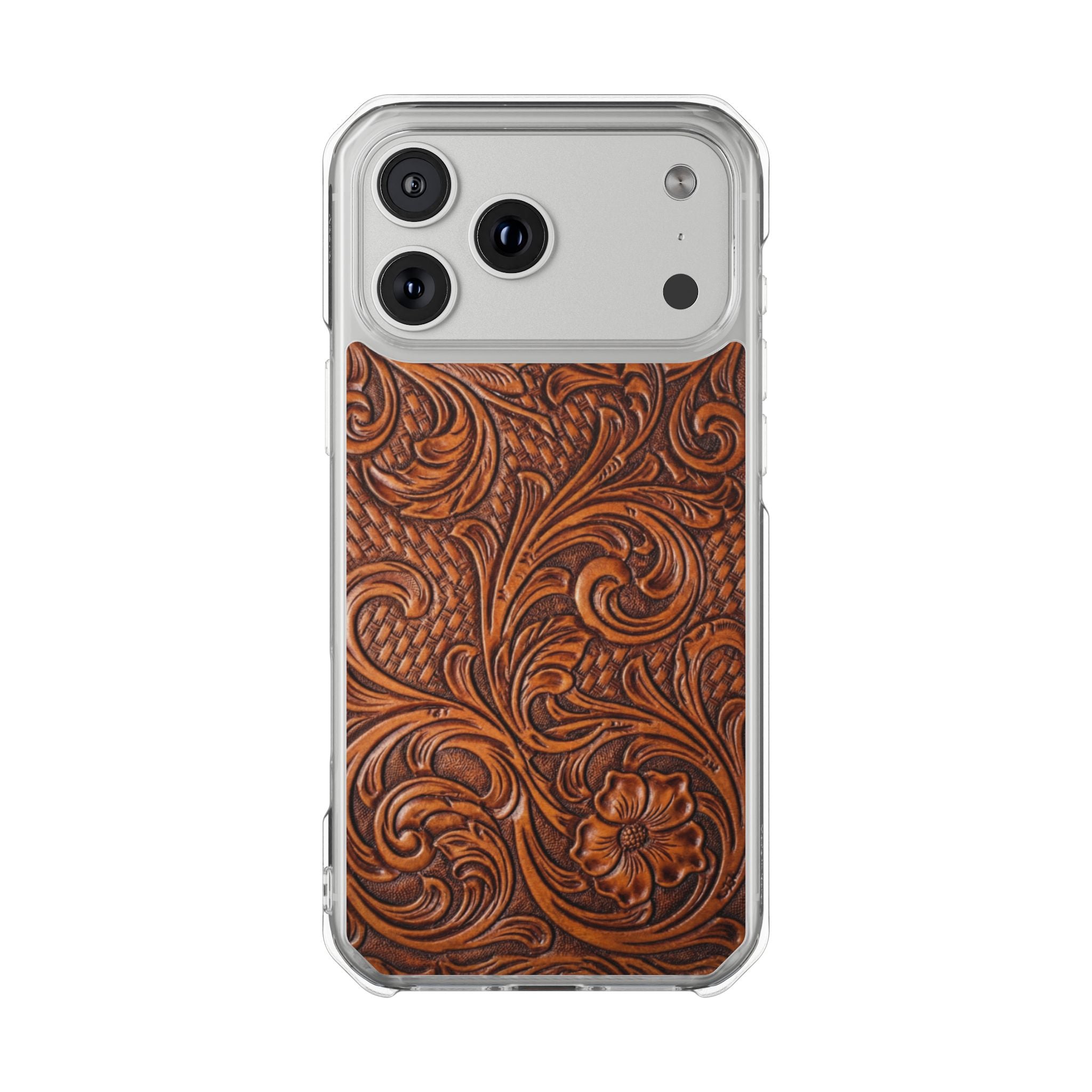 Vintage Tooled Leather Inspired Phone Case | Magnetic Clear Impact Case