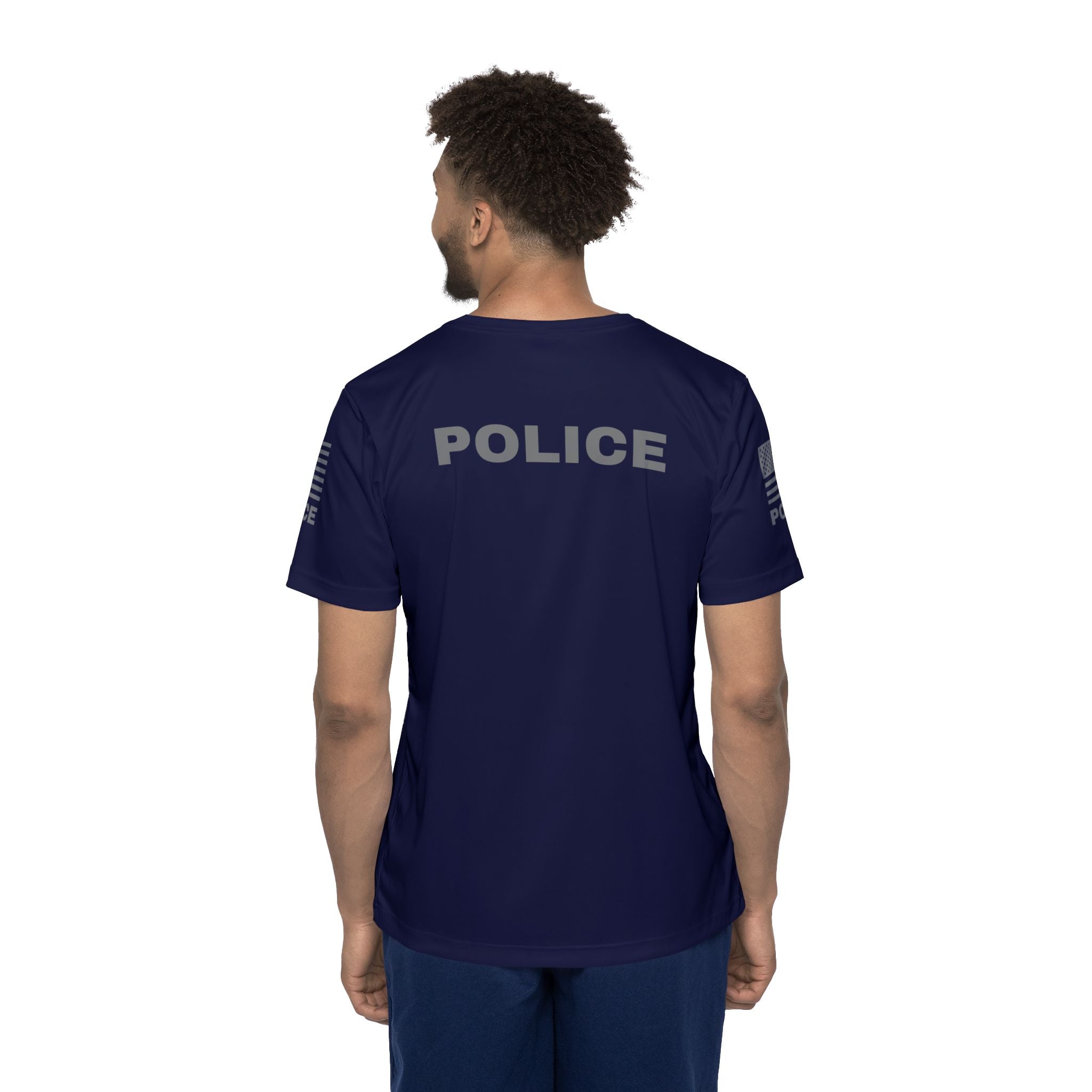 Off Duty Police Shirt — Navy Tactical Tee with American Flag Sleeves