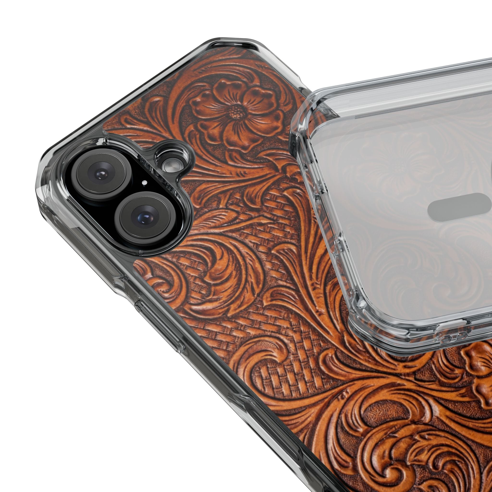 Vintage Tooled Leather Inspired Phone Case | Magnetic Clear Impact Case