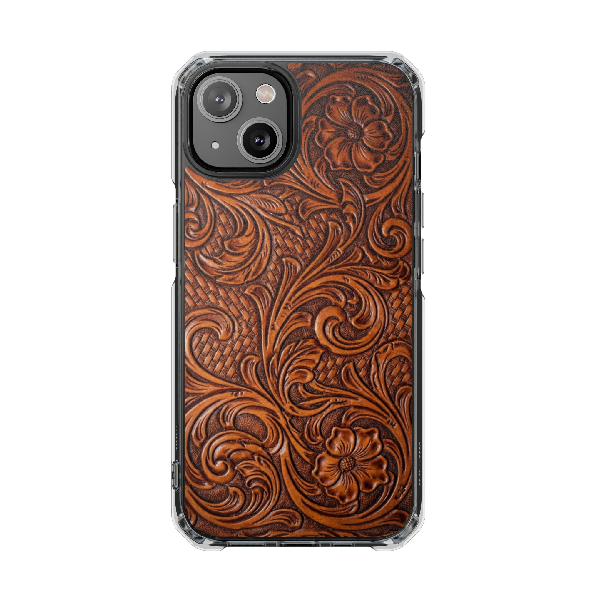 Vintage Tooled Leather Inspired Phone Case | Magnetic Clear Impact Case