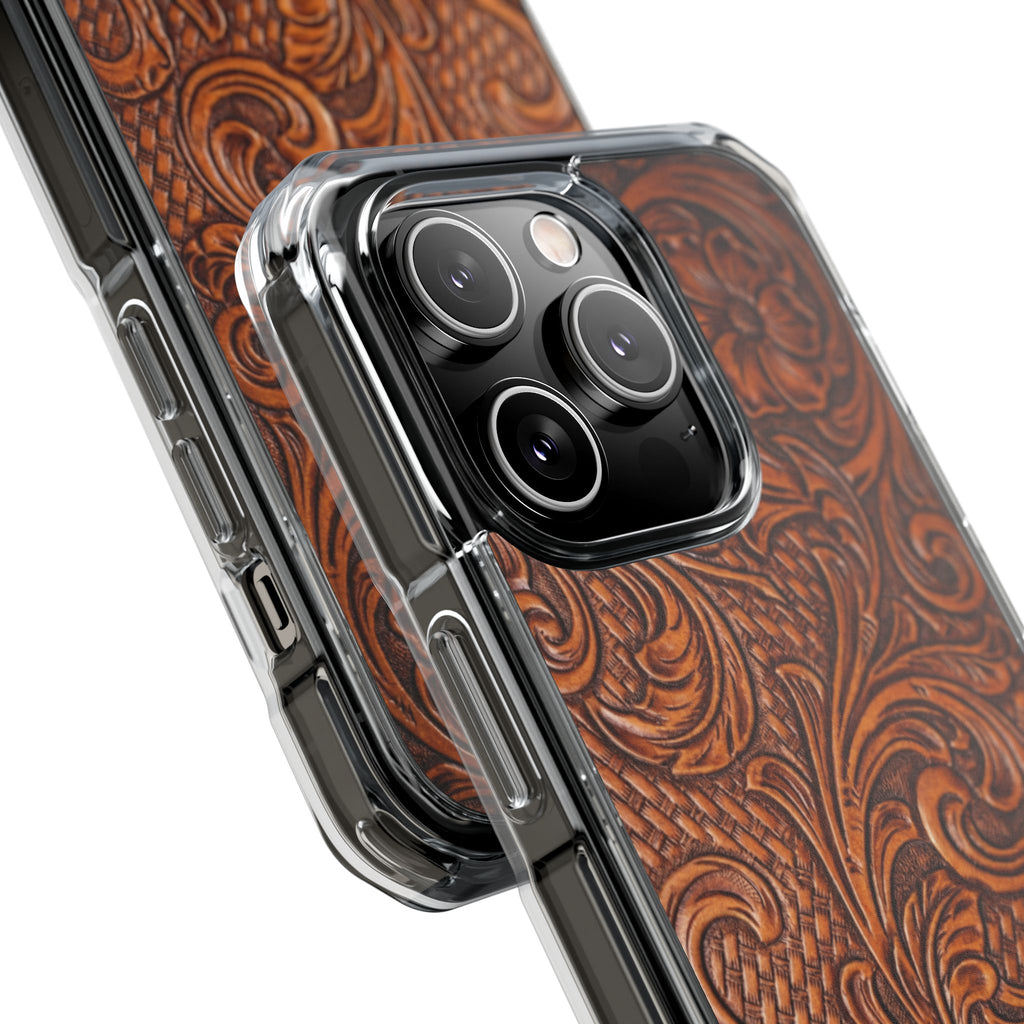 Vintage Tooled Leather Inspired Phone Case | Magnetic Clear Impact Case