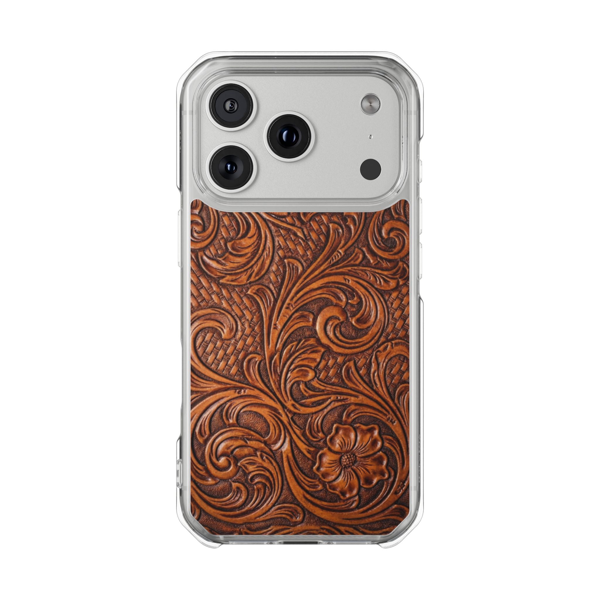 Vintage Tooled Leather Inspired Phone Case | Magnetic Clear Impact Case
