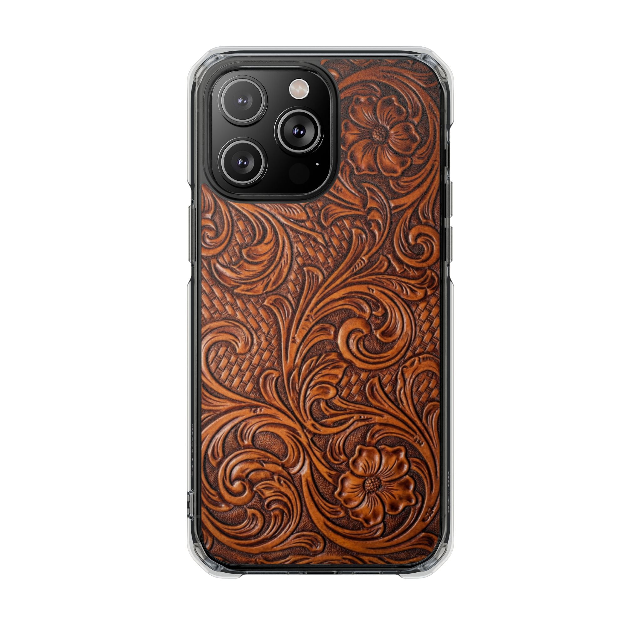 Vintage Tooled Leather Inspired Phone Case | Magnetic Clear Impact Case