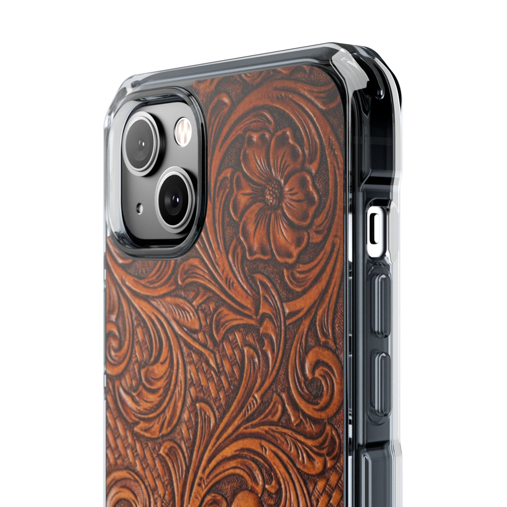 Vintage Tooled Leather Inspired Phone Case | Magnetic Clear Impact Case