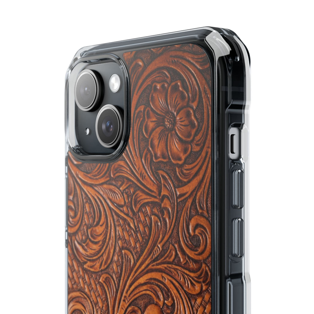 Vintage Tooled Leather Inspired Phone Case | Magnetic Clear Impact Case