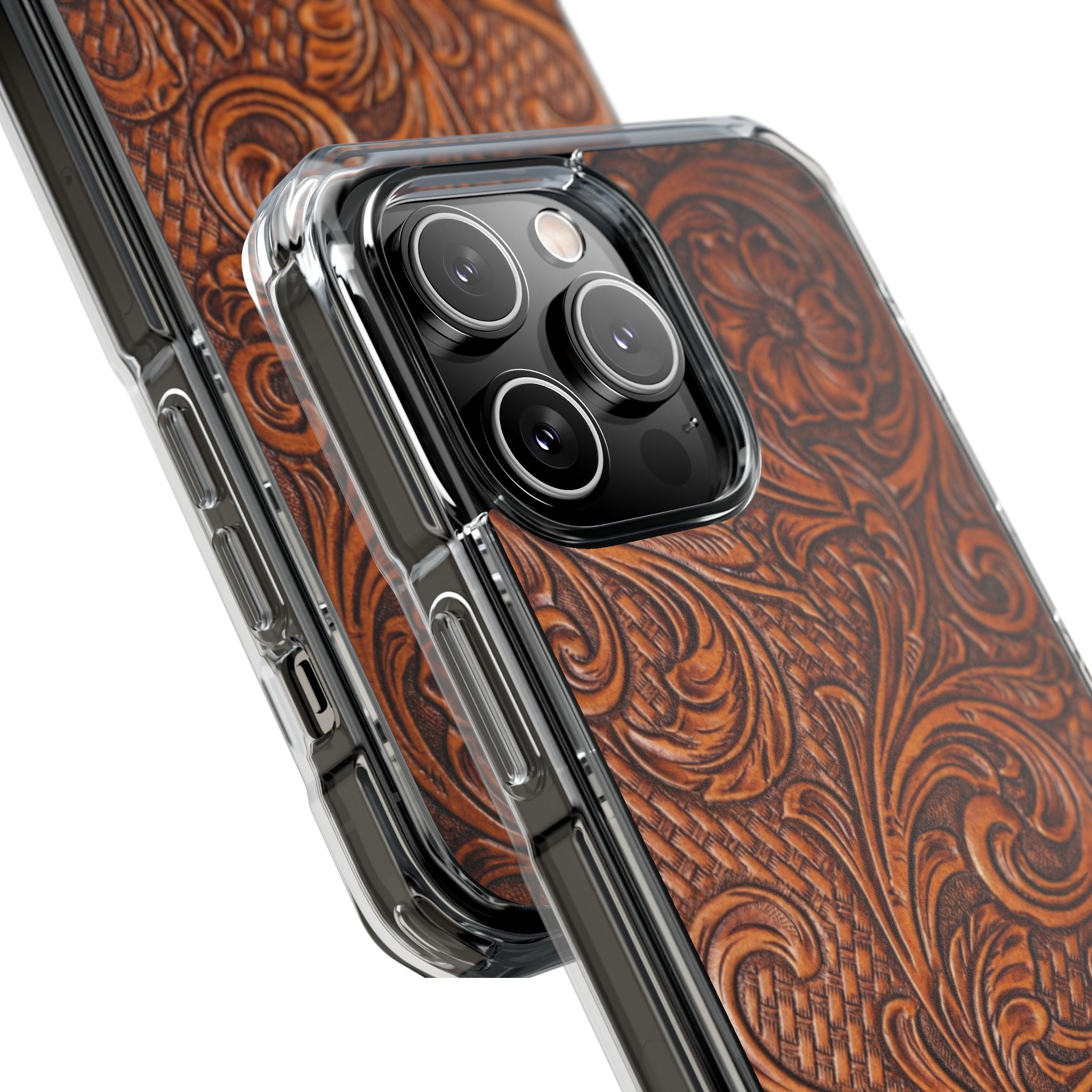 Vintage Tooled Leather Inspired Phone Case | Magnetic Clear Impact Case